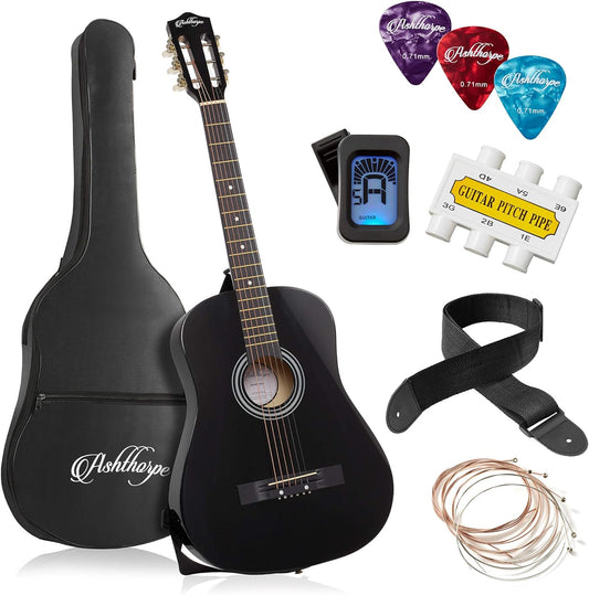 38-Inch Beginner Acoustic Guitar Package (Black), Basic Starter Kit W/Gig Bag, Strings, Strap, Tuner, Pitch Pipe, Picks